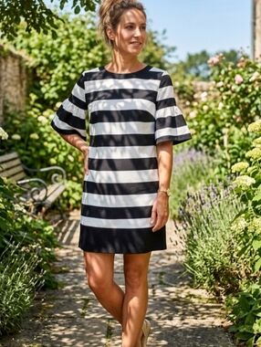 Katherine Barclay Black & White Striped Dress with Short Flounce Sleeves Size S